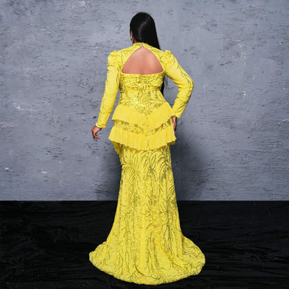 long sleeve sequin detail ruffle trim maxi dress in yellow