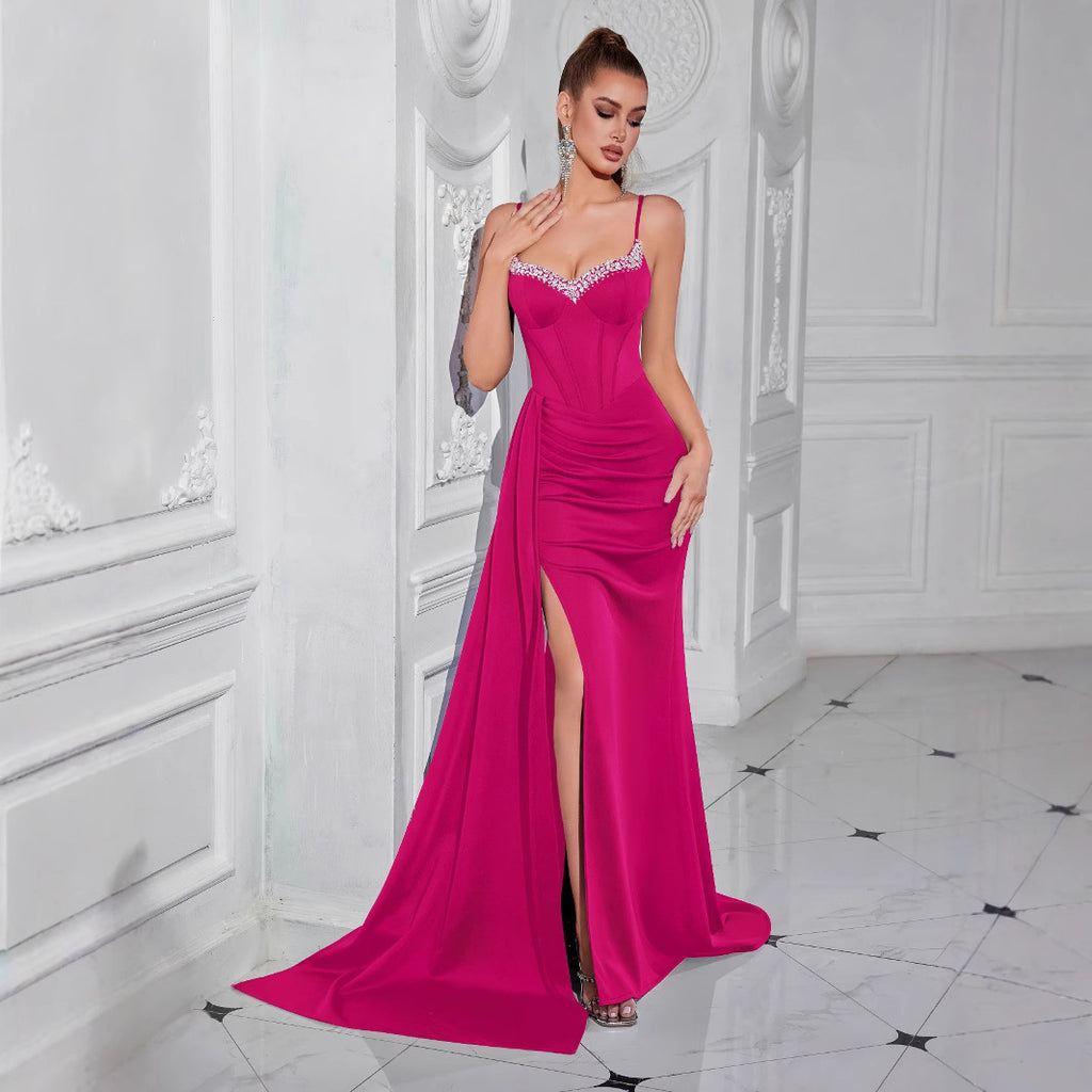 evelyn Rhinestones satin draped high slit maxi dress
