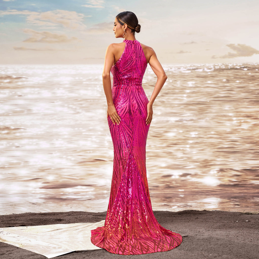 rose red Round neck off-shoulder hip-wrapped sequined fishtail maxi dress