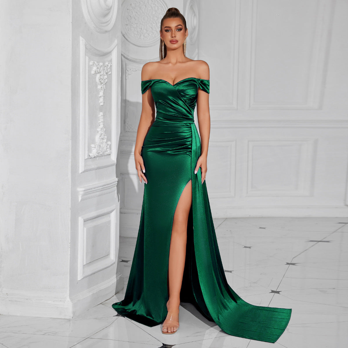 edith off shoulder satin pleated backless maxi dress