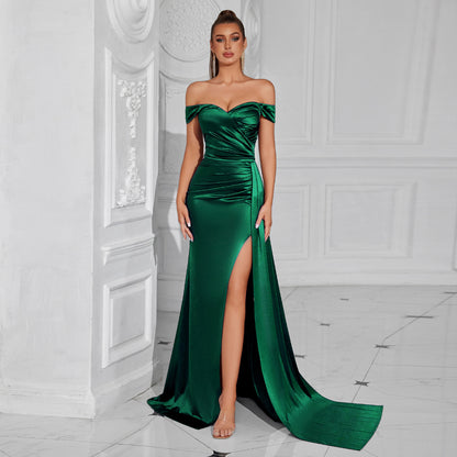 edith off shoulder satin pleated backless maxi dress