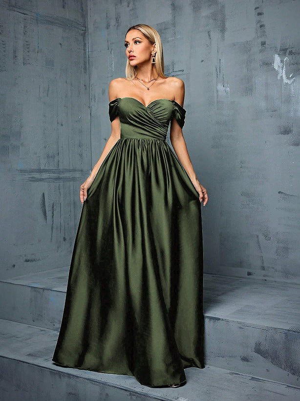 off shoulder ruched satin maxi dress in green