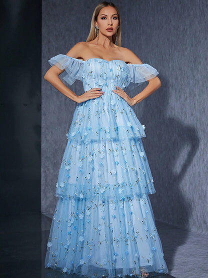 mandy floral applique layer maxi dress in blue