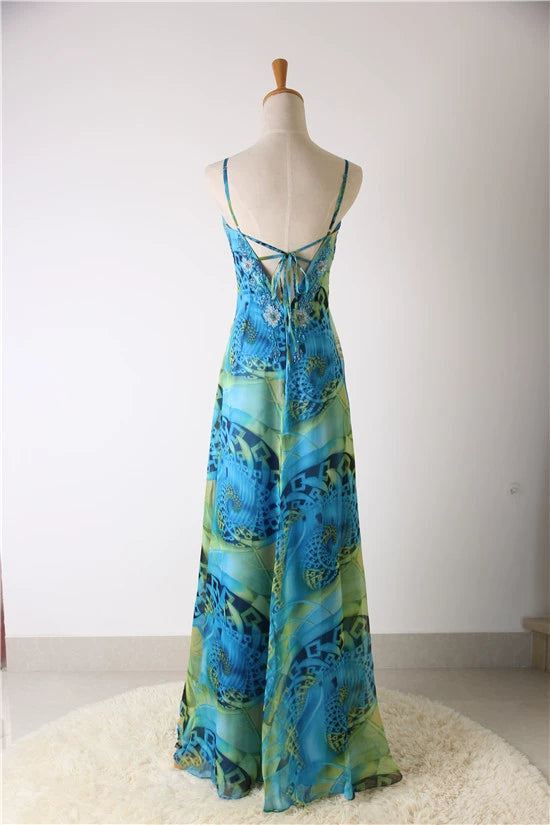 Peacock blue printed chiffon backless beaded evening dress with tie-back