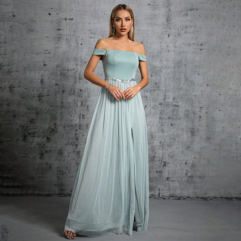 off shoulder rhinestone tulle patchwork satin maxi dress in mint