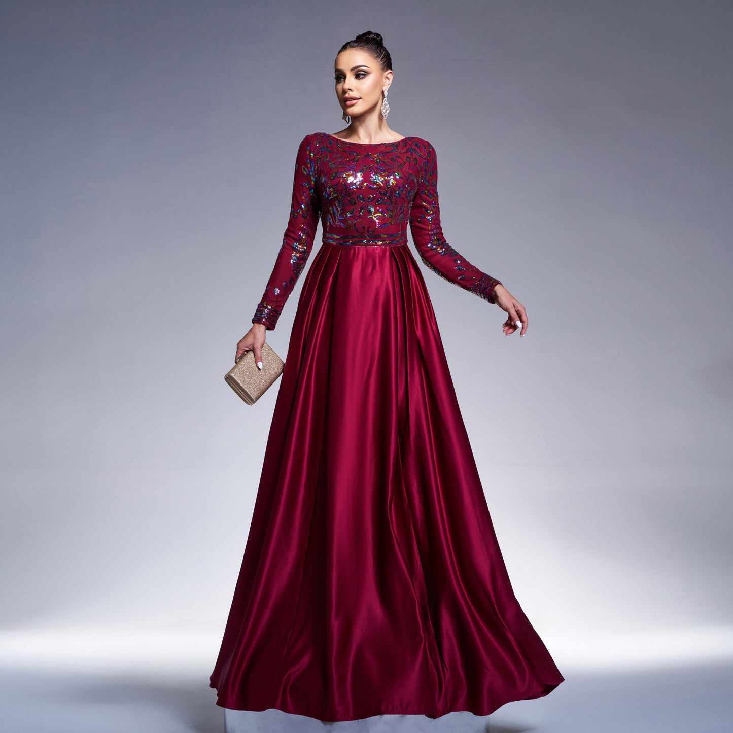 sequin print long sleeve satin maxi dress