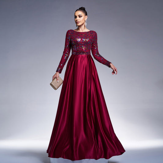 sequin print long sleeve satin maxi dress