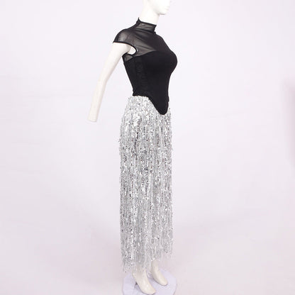 tassel sequin black corset maxi dress