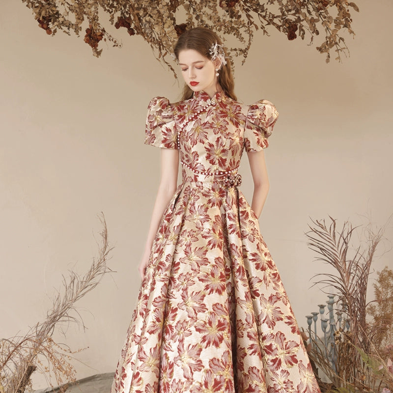 red floral print satin maxi dress