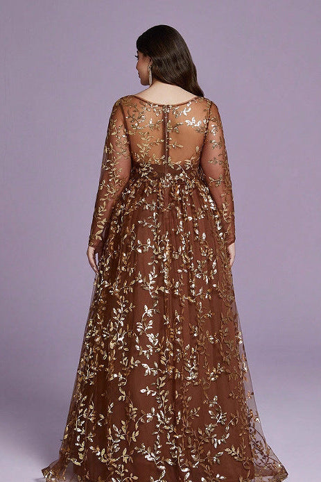 v neck sequin print long sleeve maxi dress in brown