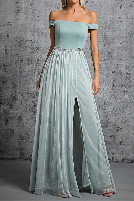 off shoulder rhinestone tulle patchwork satin maxi dress in mint