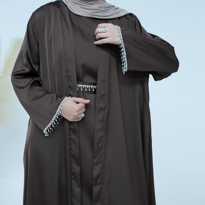 4pcs Set Cardigan+without  Sleeves Inner Dress+Crystal Chain+Hijab