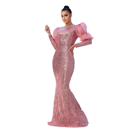 vivien sequin embellished puff sleeve bodycon maxi dress in pink