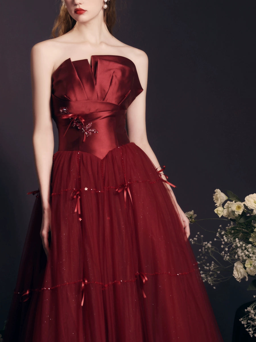 flower embellished strapless maxi dress in claret