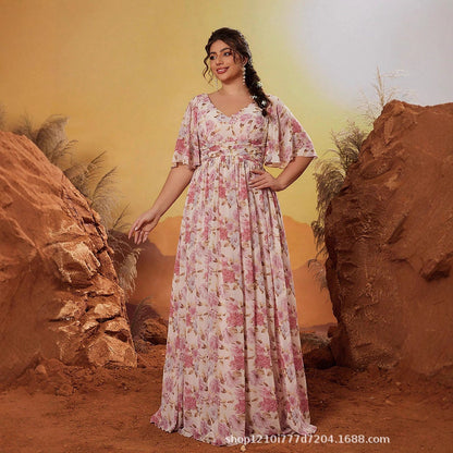 plus size v neck floral print maxi dress in pink