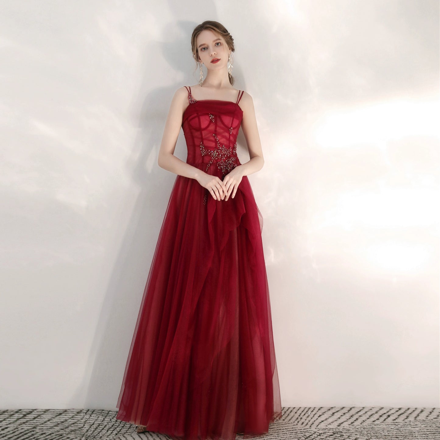 crystal applique maxi dress in burgundy