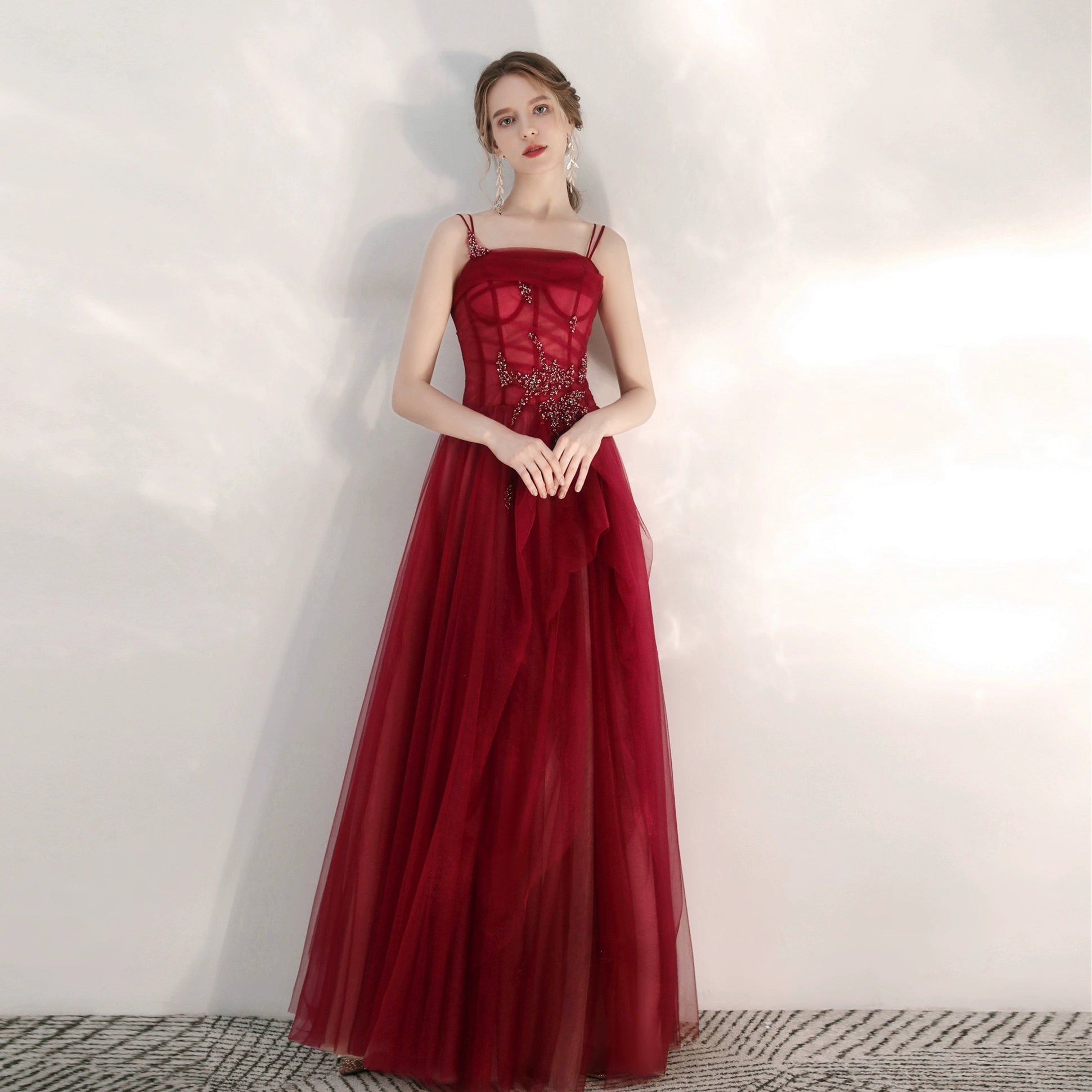 crystal applique maxi dress in burgundy