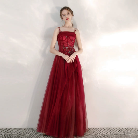 crystal applique maxi dress in burgundy