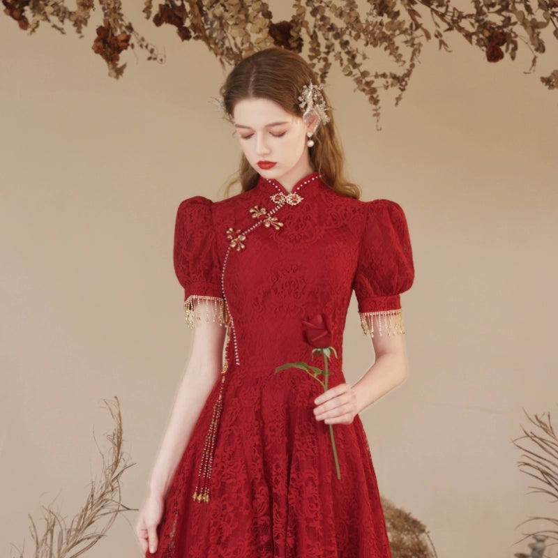 puff sleeve embroidery maxi dress in claret
