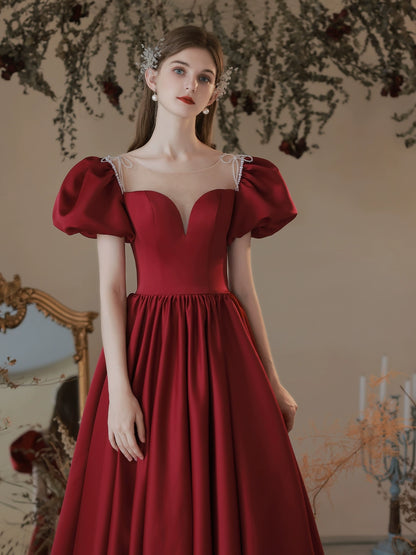 Red puff sleeve satin maxi dress