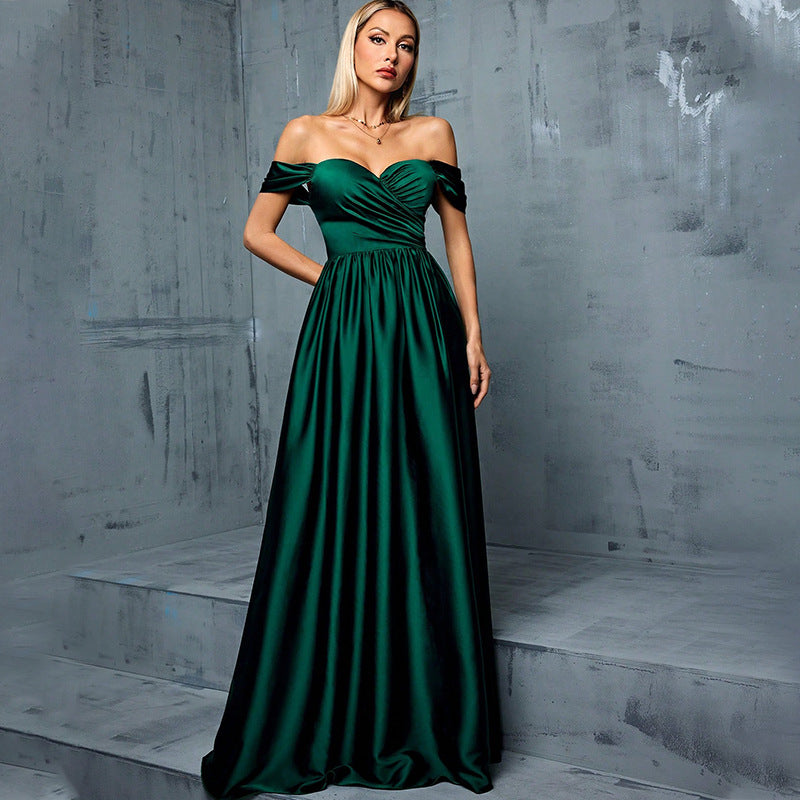 off shoulder ruched satin maxi dress in green