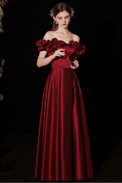 off-shoulder ruffle satin maxi dress in claret