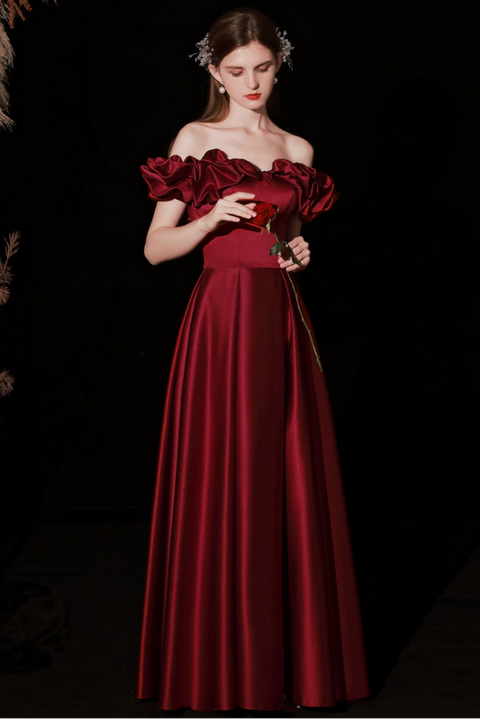 off-shoulder ruffle satin maxi dress in claret