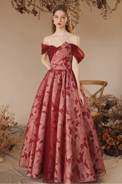 off-sholuder floral print maxi dress in wine-red