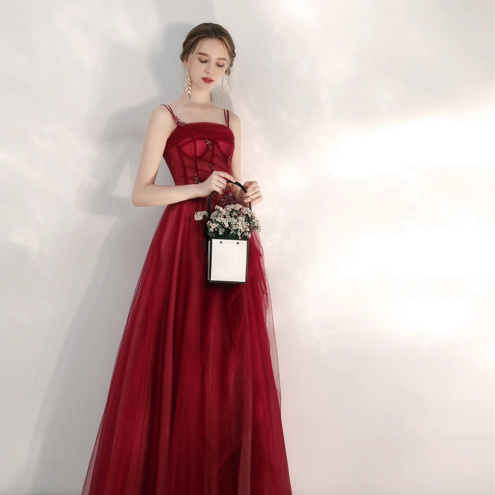 crystal applique maxi dress in burgundy