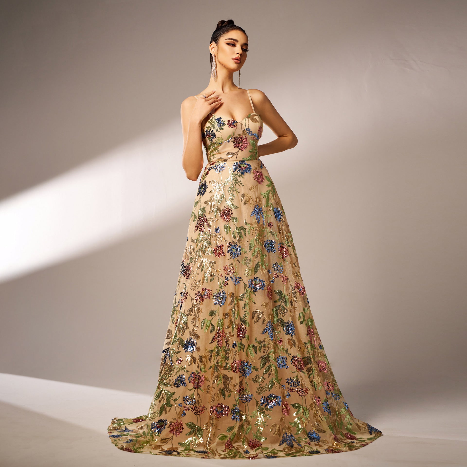 off-shoulder sequin print maxi dress in apricot