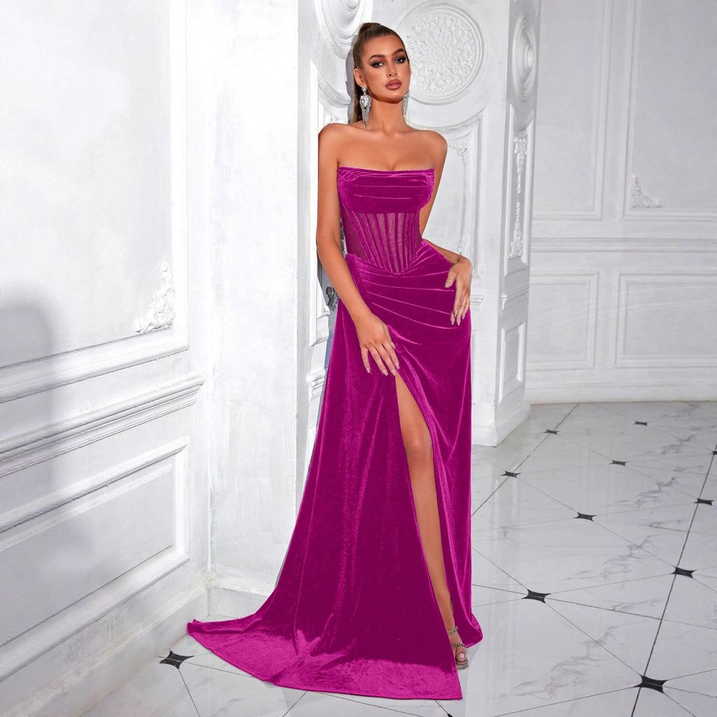 Velvet herringbone strapless evening maxi dress