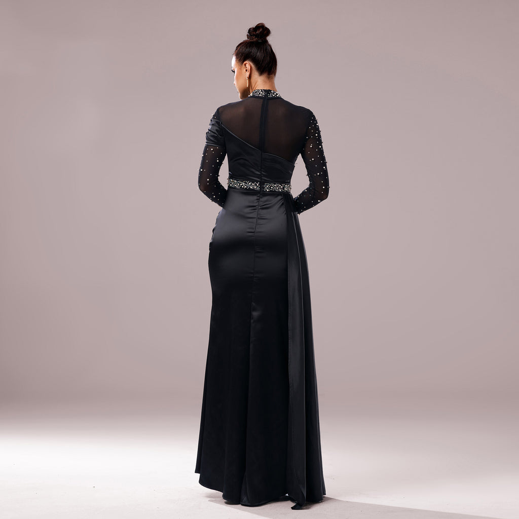 black Round neck slim hip-hugging sequined evening dress