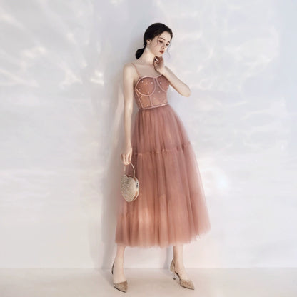 rhinestone embellished tulle midi dress in pink