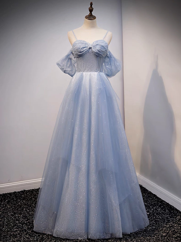 A-Line Off Shoulder Tulle Gray Blue Dress