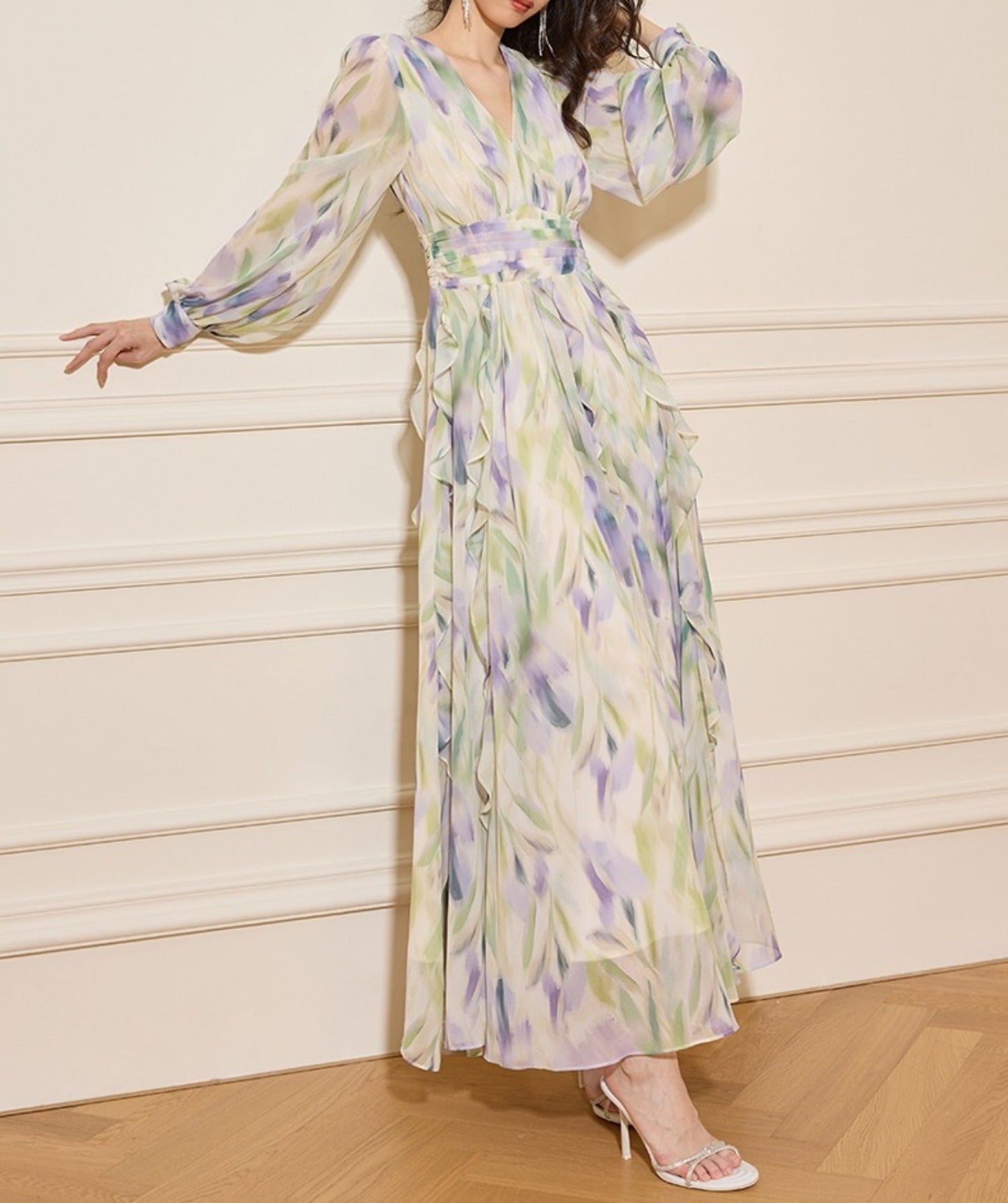 rachel multicolor v-neck floral print lantern sleeve maxi dress