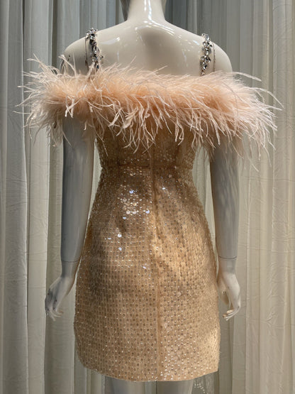 priscilla sequin feather crystal-strap mini dress in pink