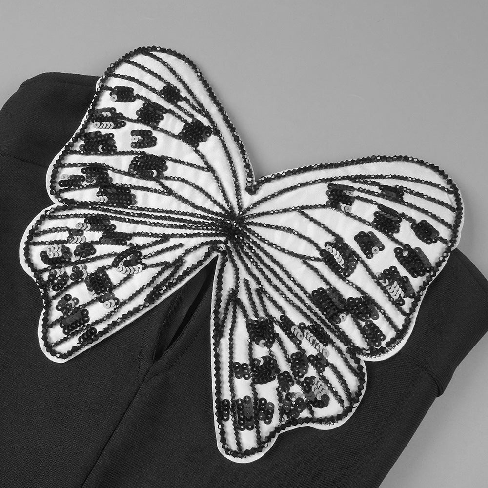 Butterfly Embroidered Bodice Puffball mini Dress in black