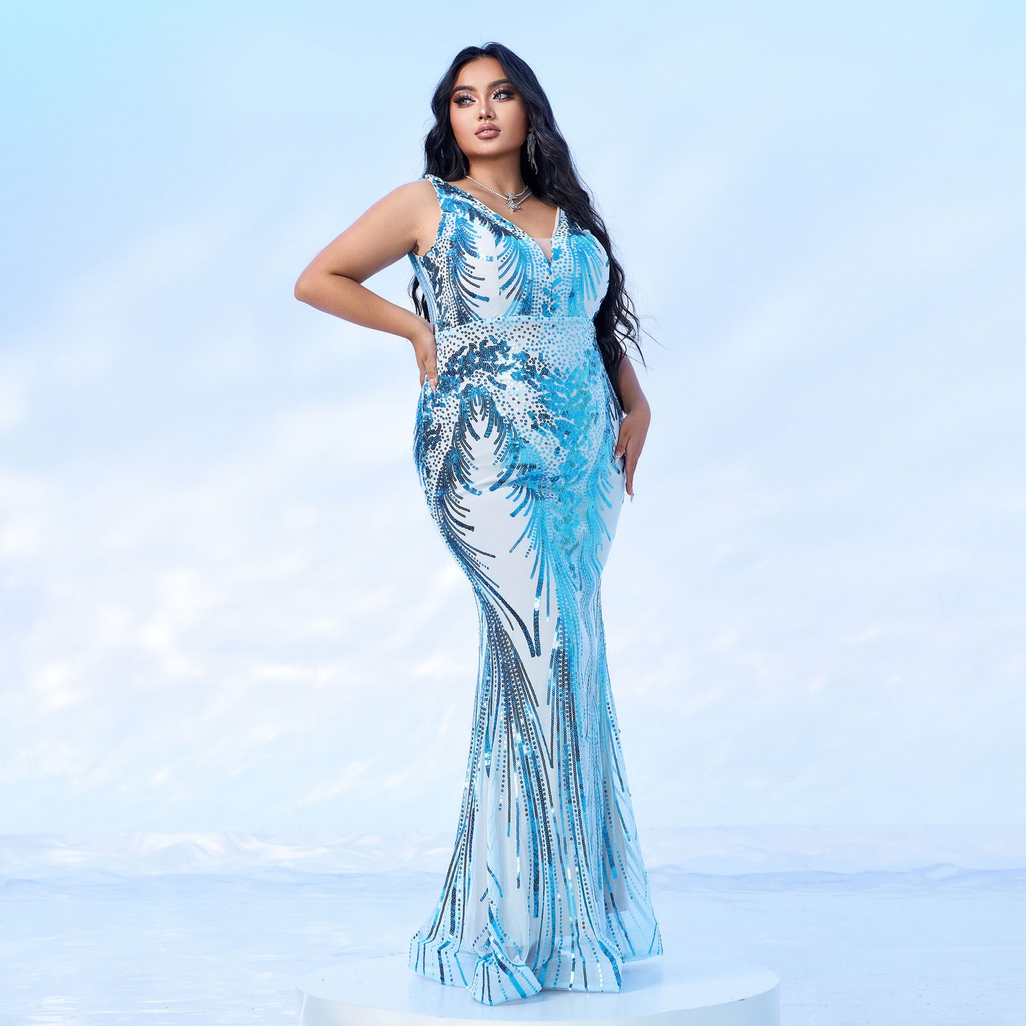 Long sleeveless V-neck sequined dress