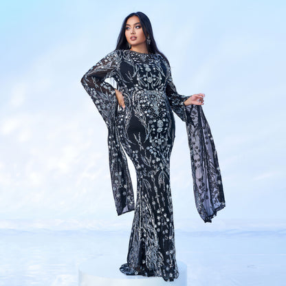 Long-sleeved round neck sequined fishtail dress