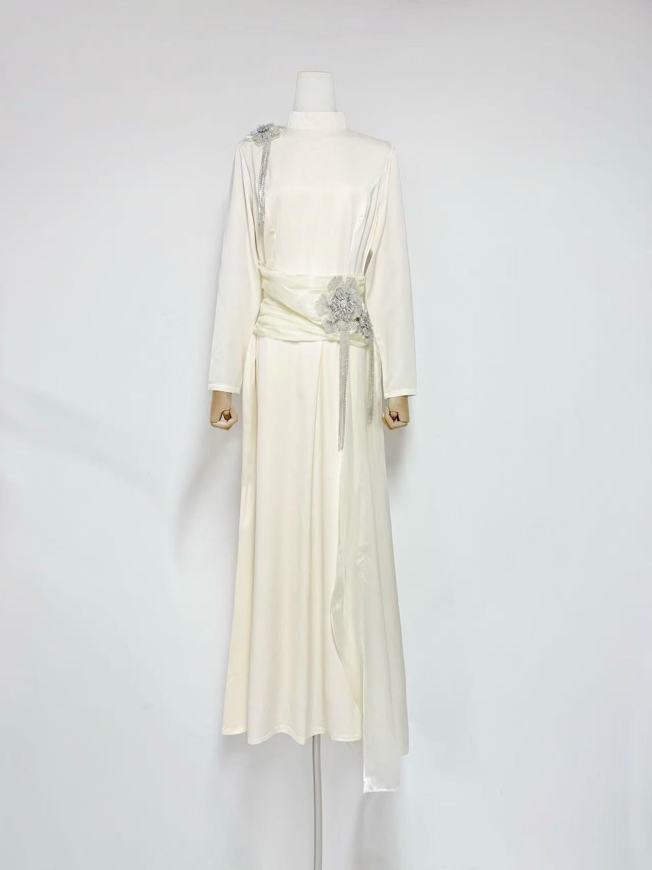 crystal flower Long-sleeve lace pleated maxi dress in apricot