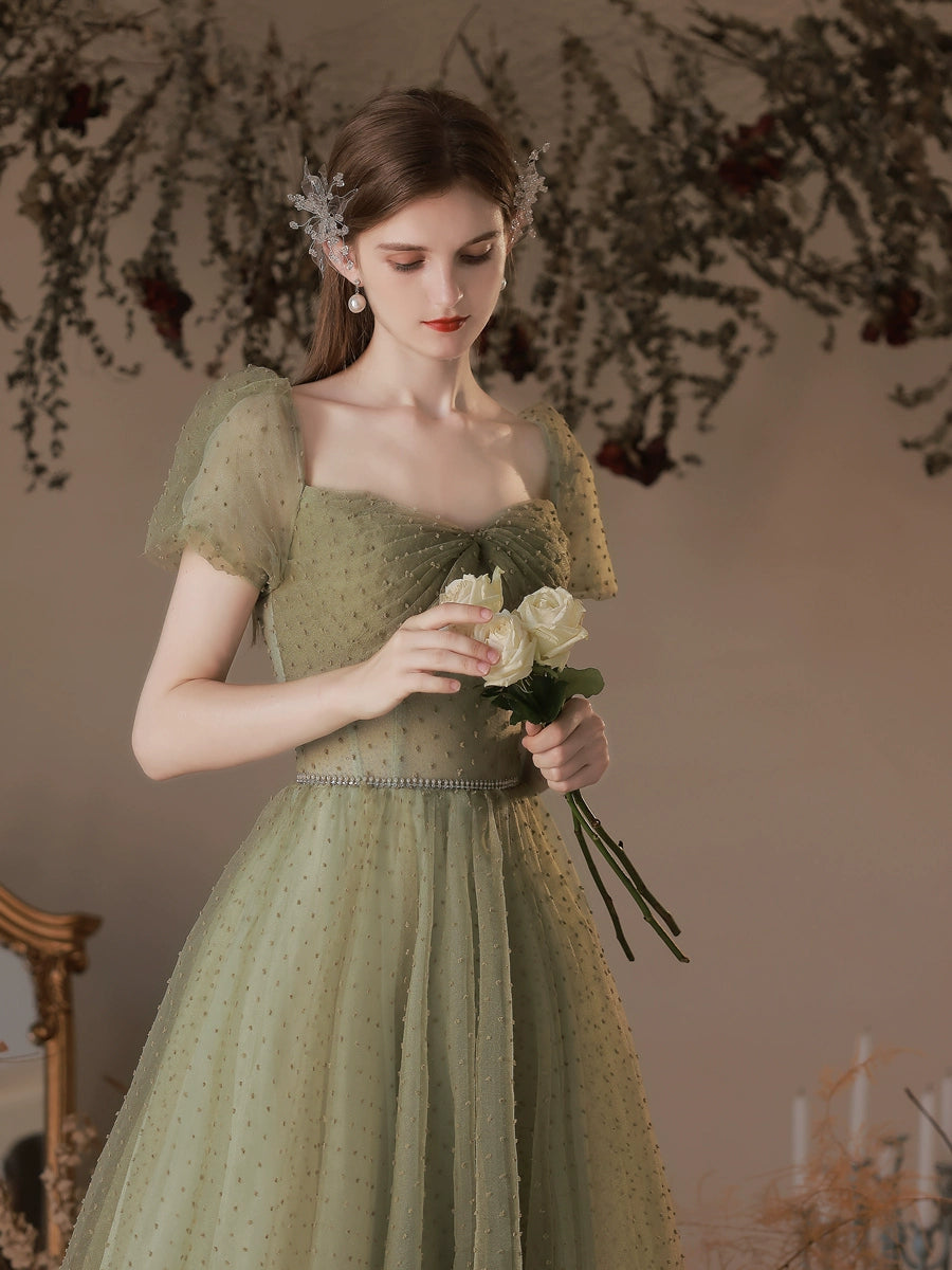 off-shoulder pearl detail puff sleeve maxi dress in green