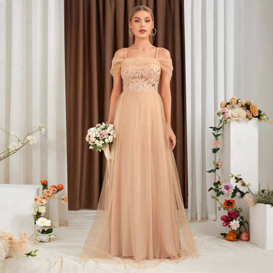 abito lungo in tulle con dettagli in paillettes Vivien color albicocca