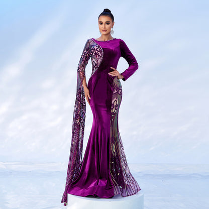 sequin applique pearl detail velvet maxi dress in purple