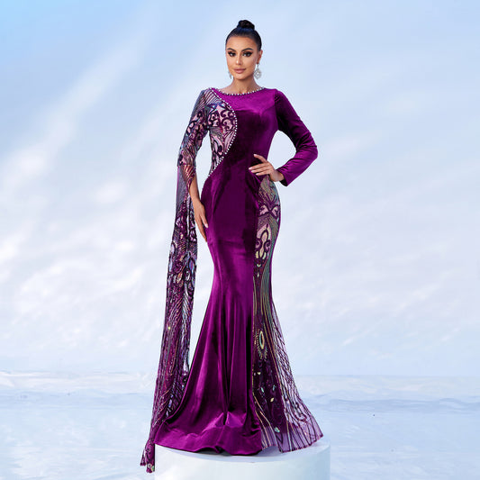 sequin applique pearl detail velvet maxi dress in purple