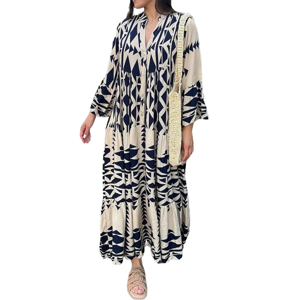 Ladies Elegant Printed Shirt Skirt Bohemian Dress