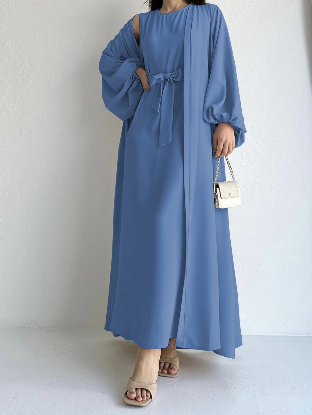 Two Pieces Set Nidha Open Abaya with Bubble Sleeves and Inner Dress