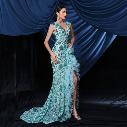 sequin print high slit maxi dress in green
