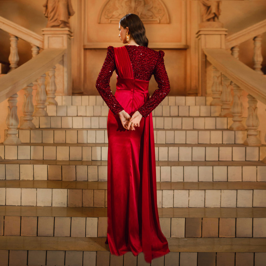 calista sequin stain maxi dress in burgundy