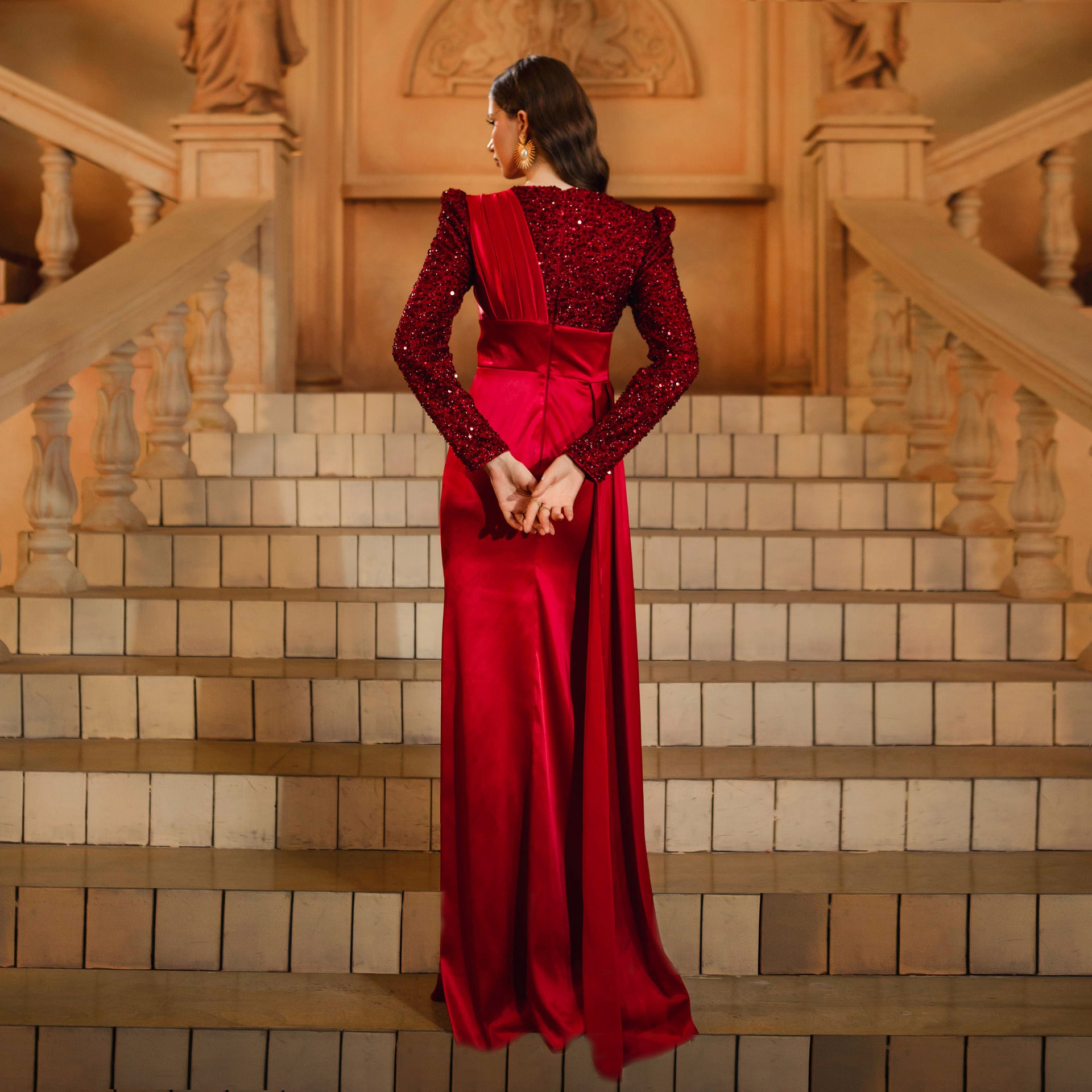 calista sequin stain maxi dress in burgundy