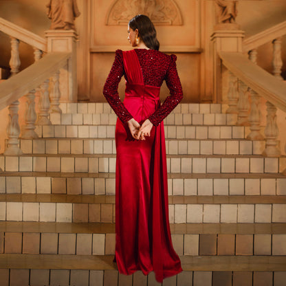 calista sequin stain maxi dress in burgundy